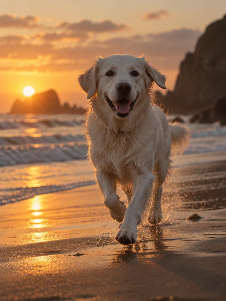 Cachorro branco correndo na praia ao pôr do sol, em estilo cinematográfico