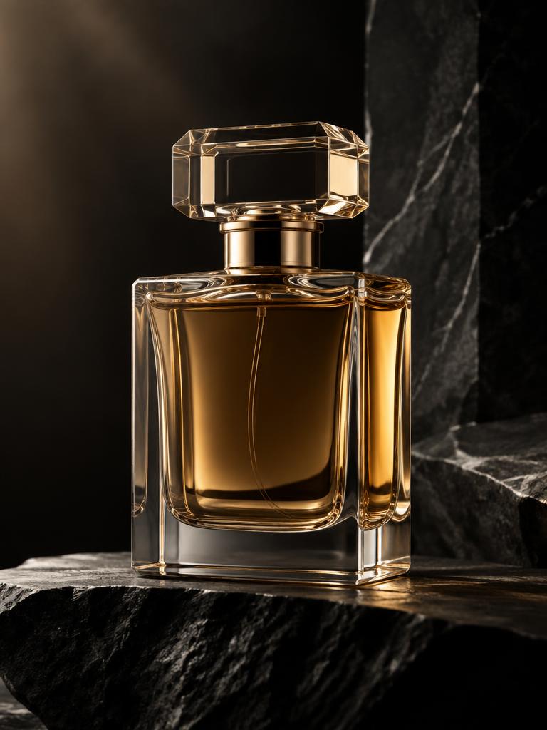 Frasco de perfume premium sobre pedra escura com luz de recorte